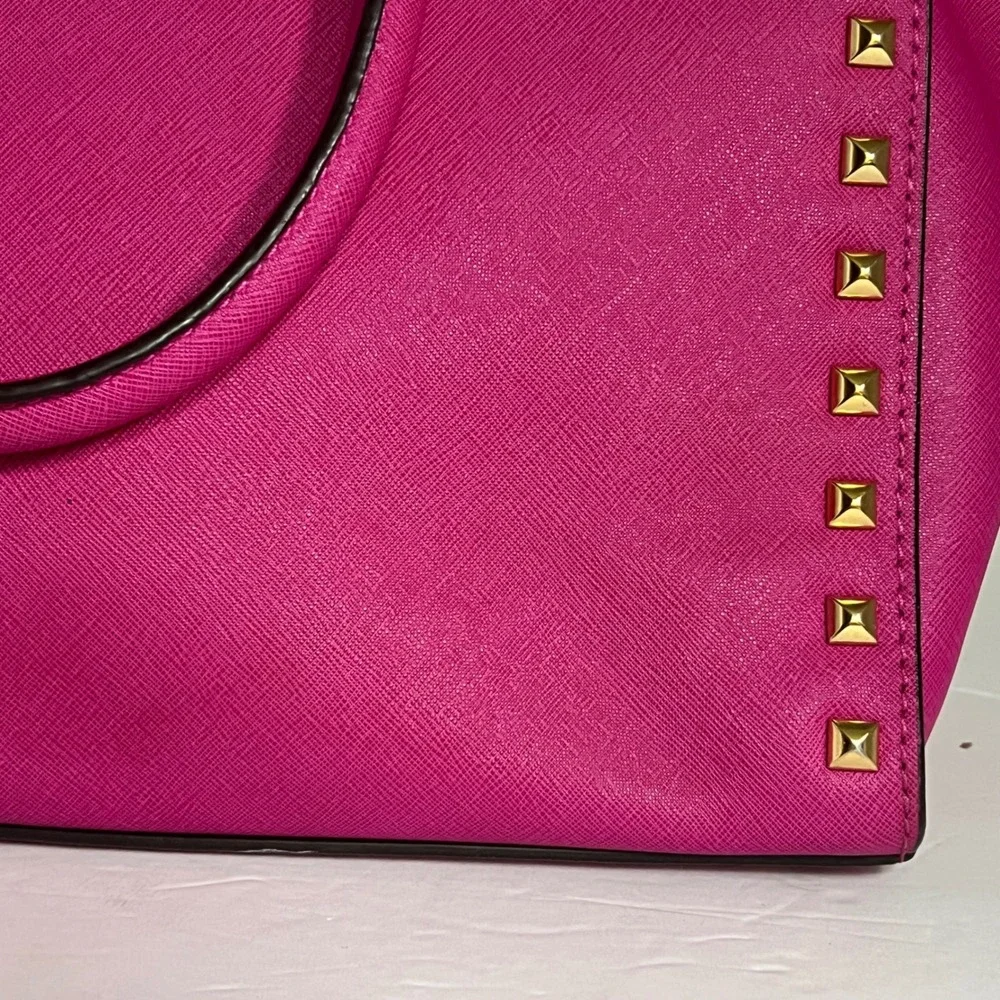 Michael Kors Selma Satchel Women Medium Magenta Pink Studded Saffiano Leather